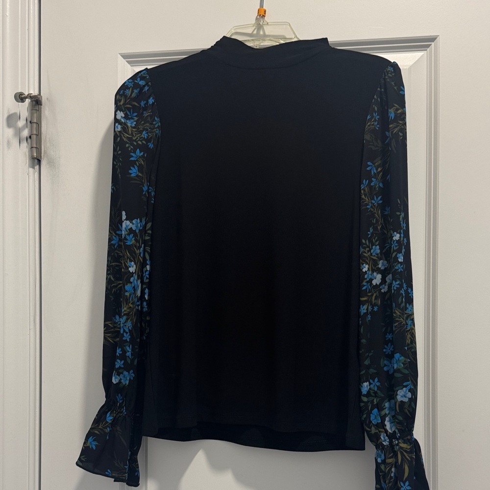CeCe Black Blouse with Blue Floral Sleeves